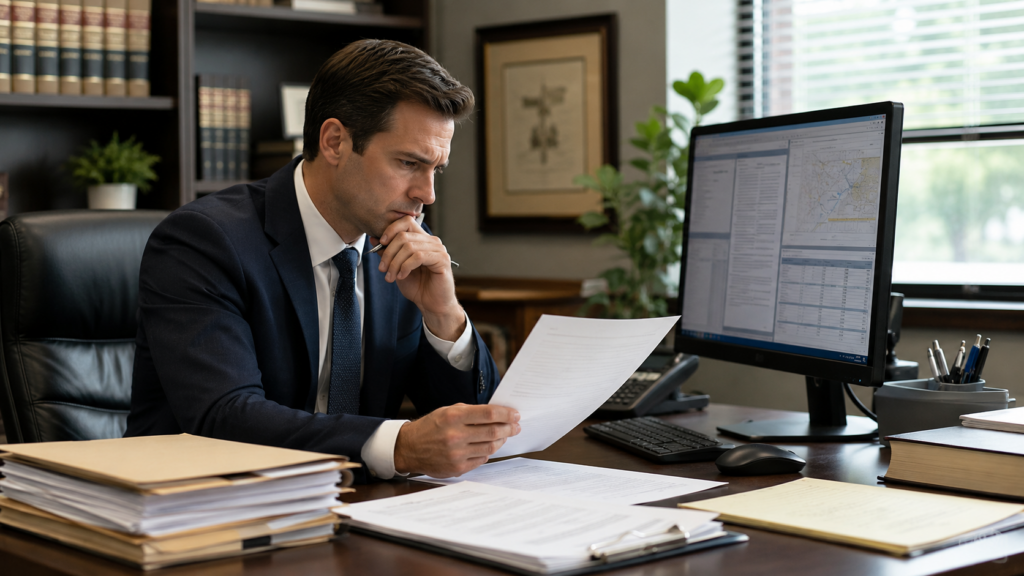 Attorney reviewing suspicious deed and title records