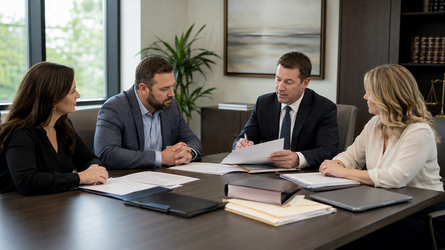 Business owners reviewing company governance documents