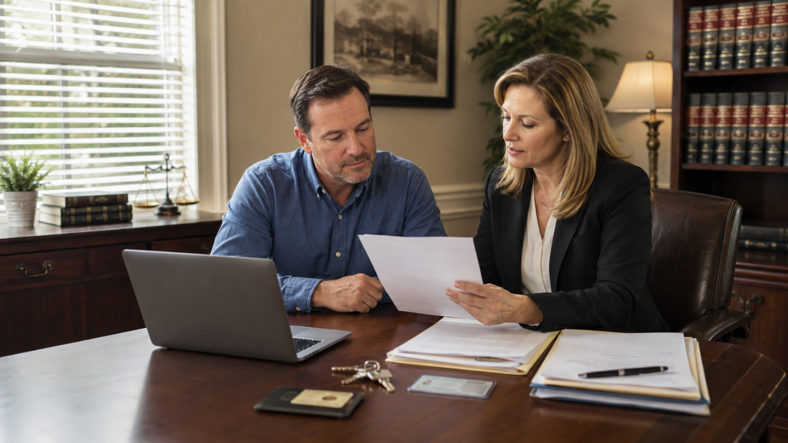 Homeowner reviewing property title documents with an attorney
