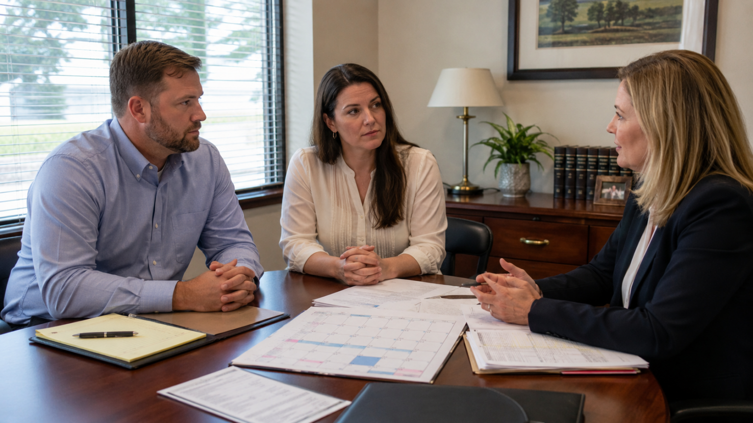 Parents discussing a child custody disagreement with an attorney